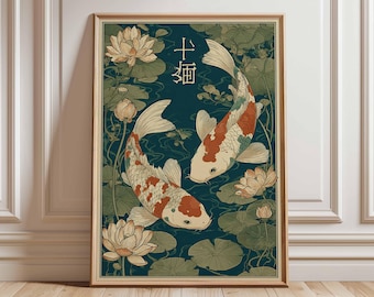 Arte mural de peces koi japoneses, póster de estanque koi, flor de loto oriental, decoración zen para el hogar, impresión botánica asiática