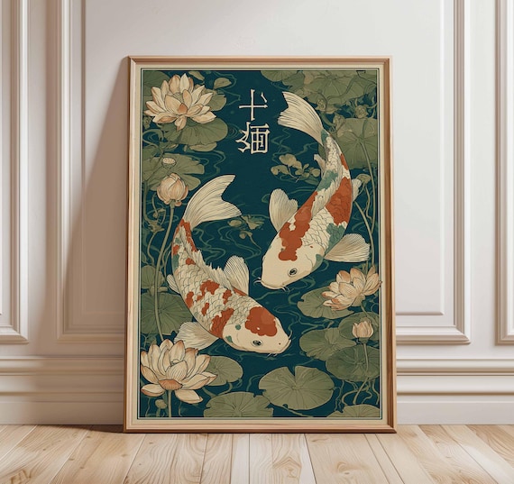 Japanese Koi Fish Wall Art, Koi Pond Poster Print, Oriental Lotus Flower Artwork, Zen Home Decor, Asian Botanical Wall Print