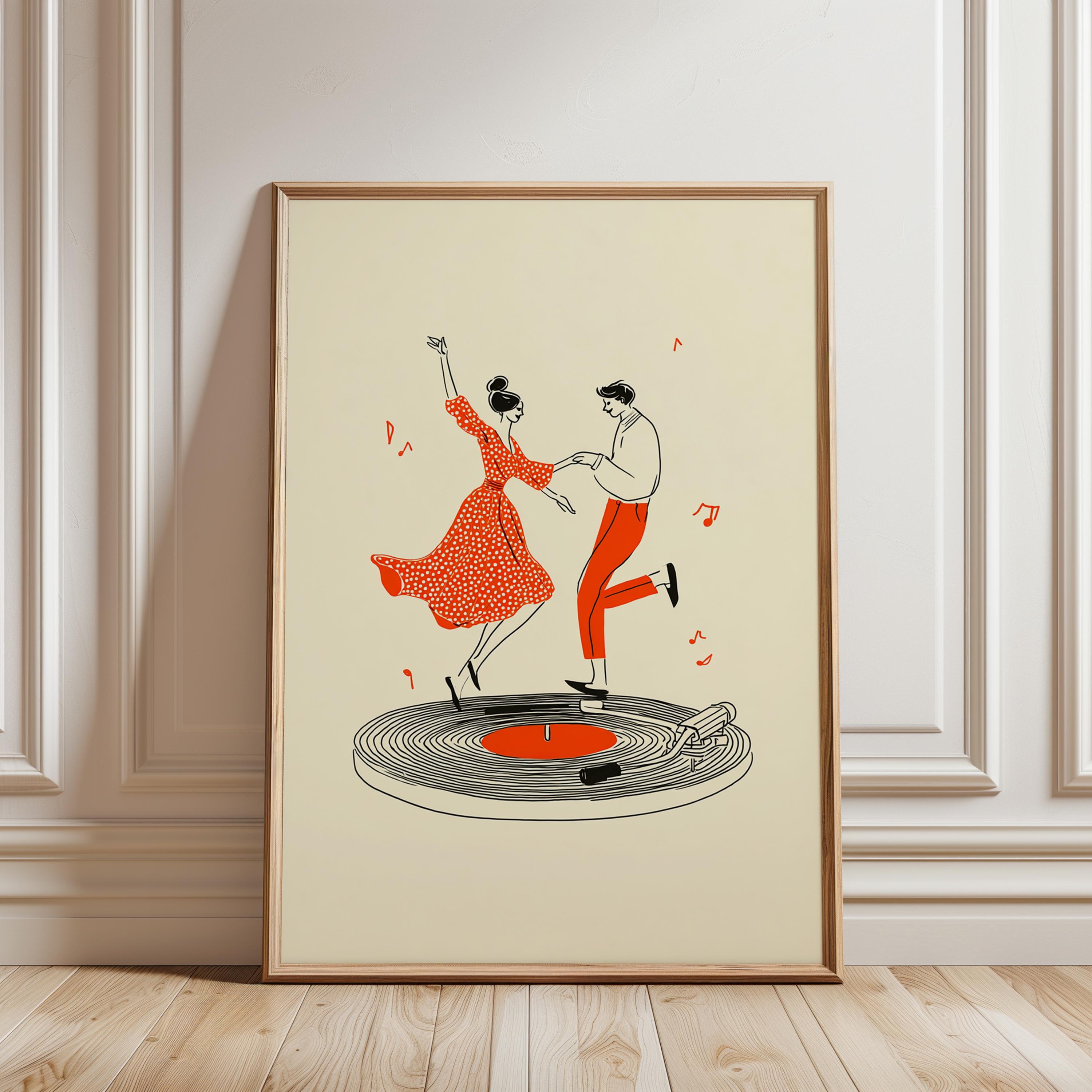 Dancing Couple Print in Retro Line Art Red Black Illustration - Etsy