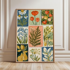 Może przedstawiać: Prostokątny wydruk ścienny z siatką dziewięciu ilustracji botanicznych. Panele przedstawiają stokrotki, maki, truskawki, dzwonki, paprocie, liście, gruszki, strąki nasienne i białe liście w palecie barw niebieskiej, czerwonej, zielonej i żółtej.