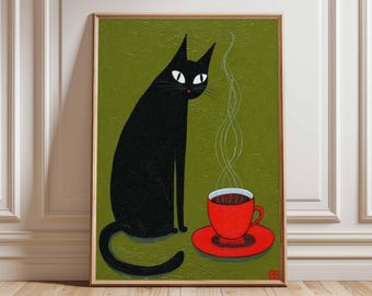 以下が含まれることがあります： 白い目と赤い鼻を持つ黒猫が、赤いコーヒーカップとソーサーの隣に座っている額入りのアートプリント。背景はテクスチャ加工されたオリーブグリーンです。アートワークは木の床に展示されています。