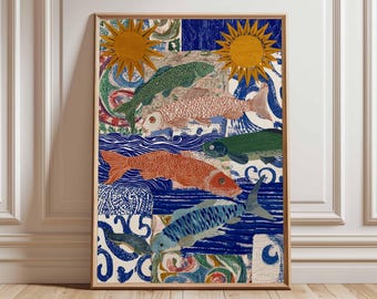 Boho Fisch Collage Poster, Bunte Ozean Wand Kunstdruck, Moderne Küsten Kunstwerk, Lebendiges Dekor, Eklektisches Meeresleben Print