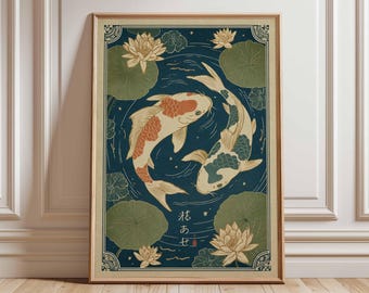 Koi Fish Lotus Pond Japanese Poster, Traditional Asian Wall Art, Vintage Japanese Print