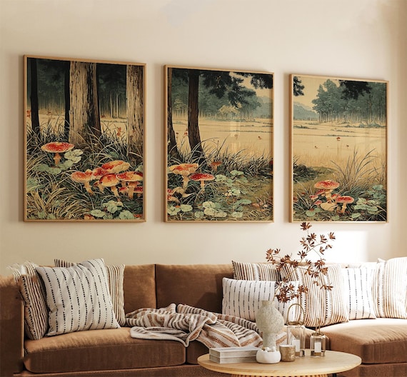 Vintage Forest Mushroom Art Posters | Woodland Nature Illustration | Set Of 3 Posters