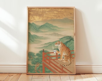 Tiger Tea Ceremony Poster | Japanese Mountain Landscape Art | Zen Asian Wall Decor