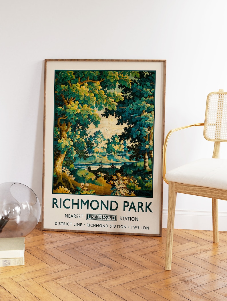 May include: A vintage poster advertising Richmond Park in London, England. The poster features a green and brown landscape with trees and a river. The text on the poster reads "Richmond Park" and "Nearest Underground Station District Line - Richmond Station - TW9 1DN".