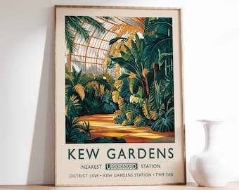 May include: A vintage poster advertising Kew Gardens in London. The poster features a colourful illustration of a lush, tropical greenhouse with a tiled floor and the text "Kew Gardens, Nearest Underground Station, District Line - Kew Gardens Station - TW9 3AB."