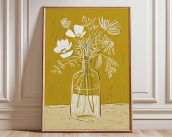 Floral Line Drawing Print, Minimalist Botanical Wall Art, Mustard Yellow Poster, Scandinavian Home Decor, Modern Flower Artwork