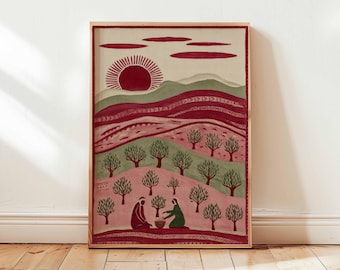 Palestine Poster, Middle East Poster, Palestinian Folk Art Print, Olive Tree Wall Art, Rural Village Decor, Cultural Posters And Prints