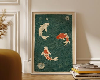 Koi Fisch Illustration im Japanischen Linoldruck Stil