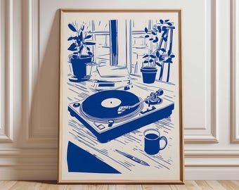 Vinylposter, platenspeler muurkunstprint, decor muziekstudio, cadeau muziekliefhebber, retroprint