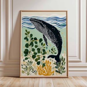 Whale Poster, Ocean Wall Art Print, Marine Life Decor, Animal Lover Gift, Nautical Print