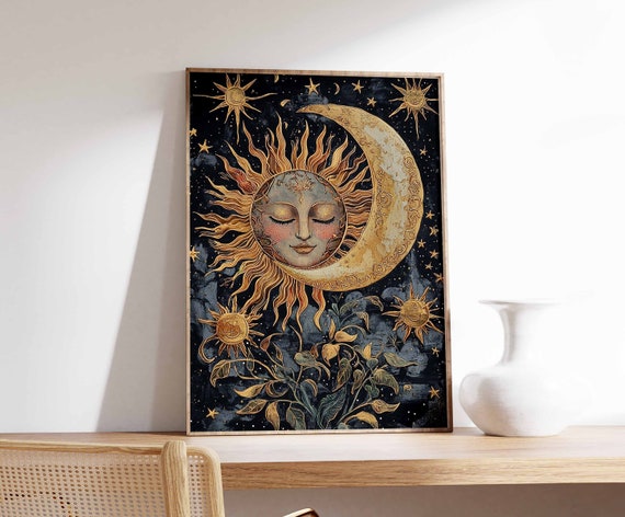 Sun and Moon Poster, Celestial Poster, Spiritual Decor, Vintage Poster, Retro Print, 70's Poster, Boho Poster, Mystical Art, Meditation Art