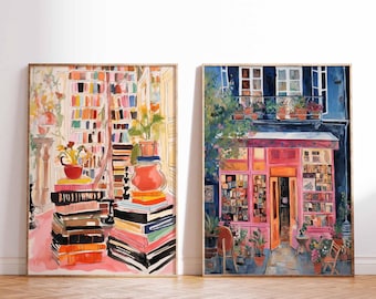 Set of 2 Vintage Bookshop Posters, Book Art, Reading Poster, Book Lovers Gift, Reading Gift, Retro Book Lovers Art, Library Art
