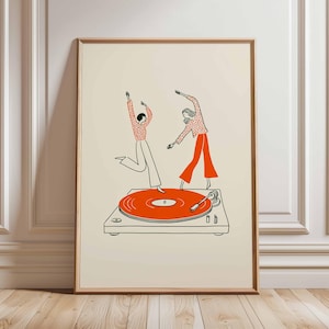 Impressão de arte de parede de casal dançando, pôster de toca-discos retrô, ilustração inspirada em música moderna para bar em casa ou sala de estar