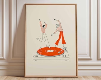 Dancing Couple Wall Art Print, Retro Record Player Poster, Modern Music Inspired Illustration for Home Bar or Living Room