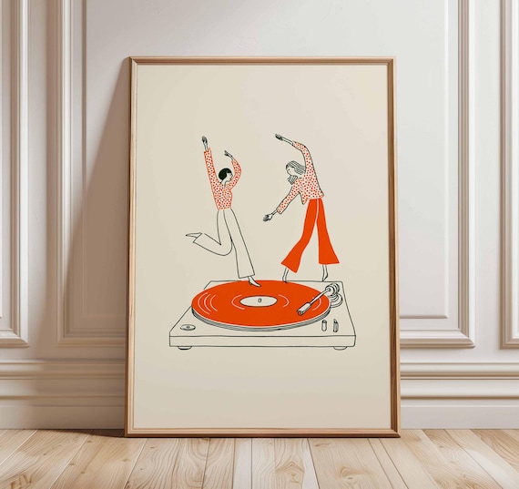 Dancing Couple Wall Art Print, Retro Record Player Poster, Modern Music Inspired Illustration for Home Bar or Living Room