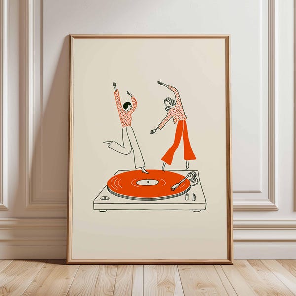 踊るカップルのウォールアートプリント、レトロなレコードプレーヤーのポスター、ホームバーやリビングルーム用のモダンミュージック風イラスト