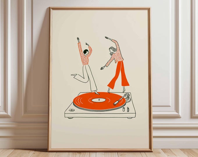 Dancing Couple Wall Art Print, Retro Record Player Poster, Modern Music Inspired Illustration for Home Bar or Living Room