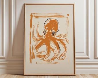 Japanese Octopus Art Print | Minimalist Marine Wall Art | Vintage Ukiyo-e Style Sea Creature Poster | Coastal Home Decor