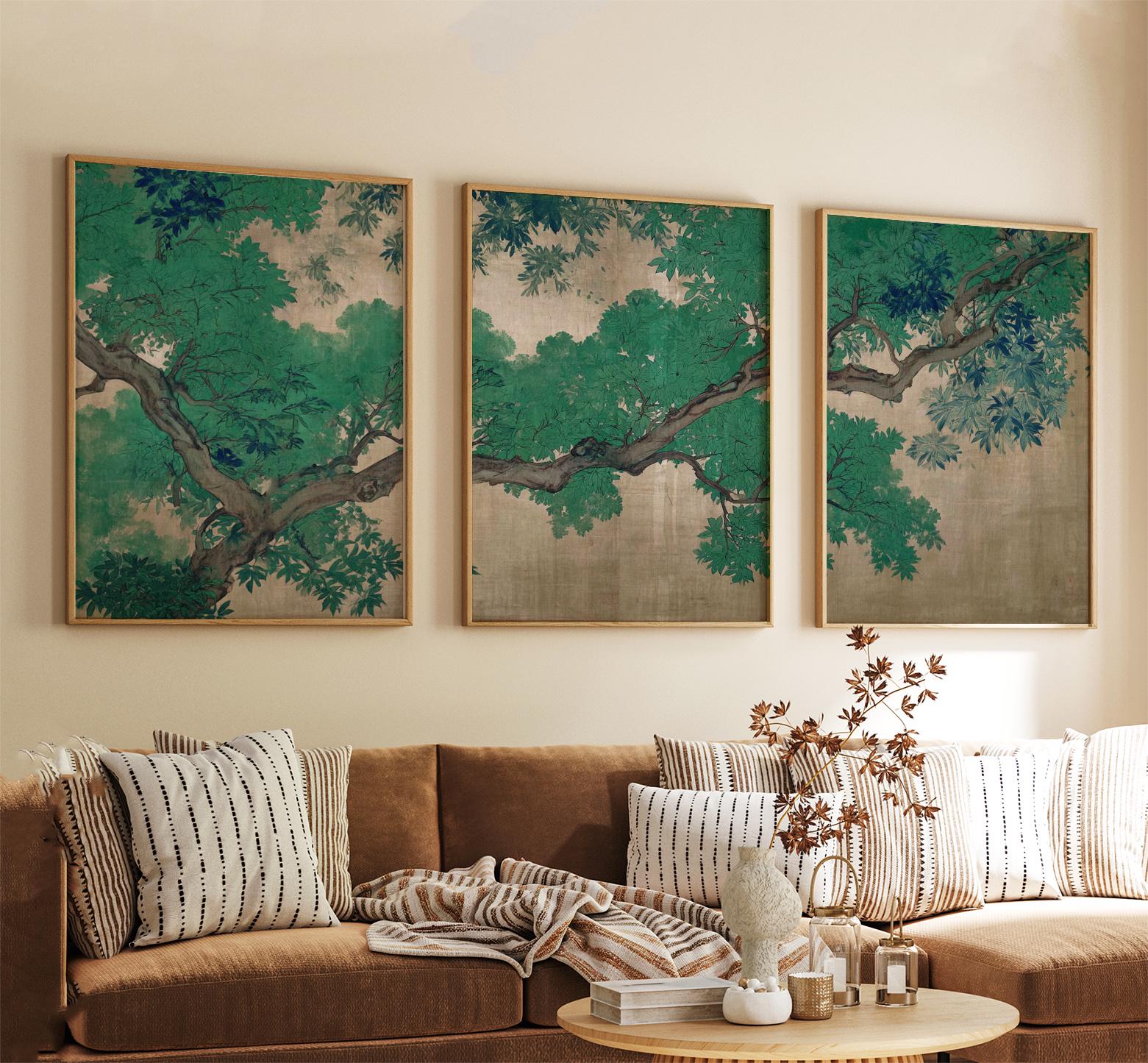 Japanese Tree Branch Poster Set | Green Botanical Triptych Nature