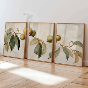 Chestnut Tree Wall Art Set of 3, Botanical Leaf Poster Prints, Rustic Nature Branch Decor, Vintage Chestnut Plant Artwork for Home or Office