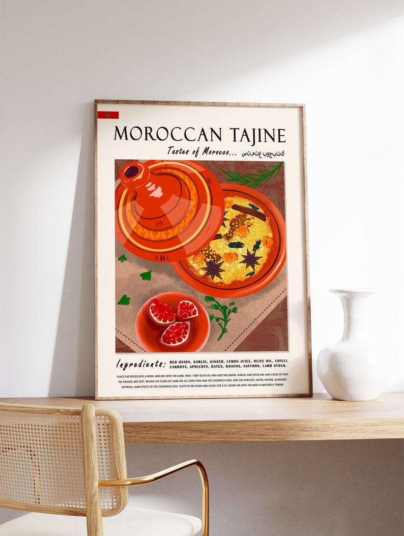 May include: A poster with a red and white Moroccan flag in the top left corner. The poster features a clay tagine pot with a lid, filled with a colorful dish of rice, vegetables, and spices. The text on the poster reads "Moroccan Tajine" and "Tastes of Morocco..." in English and Arabic. The poster also includes a list of ingredients for the dish.