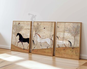 Persian Horse Wall Art Set of 3 | Vintage Equine Painting Prints | Antique Animal Artwork | Elegant Neutral Decor for Living Room Walls