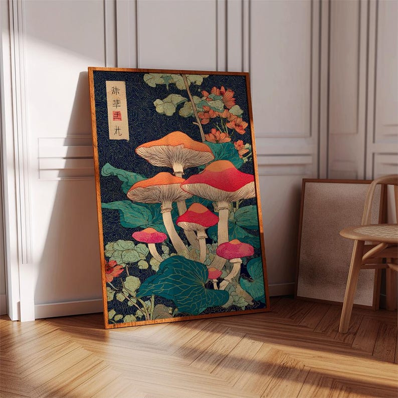 May include: A framed art print depicting stylised mushrooms in red, orange, and pink hues, set against a dark blue backdrop. The artwork incorporates green foliage and orange flowers, with Japanese text in the upper left corner.