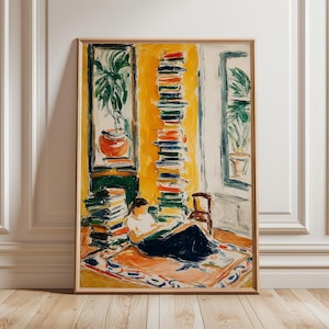 Woman Reading by the Window Poster, Cozy Book Lover Wall Art, Warm Yellow Interior Painting, Modern Impressionist Home Decor