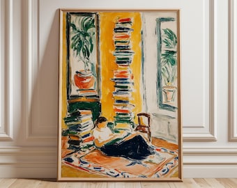 Woman Reading by the Window Poster, Cozy Book Lover Wall Art, Warm Yellow Interior Painting, Modern Impressionist Home Decor