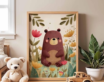 Bear Nursery Poster, Woodland Floral Animal Art