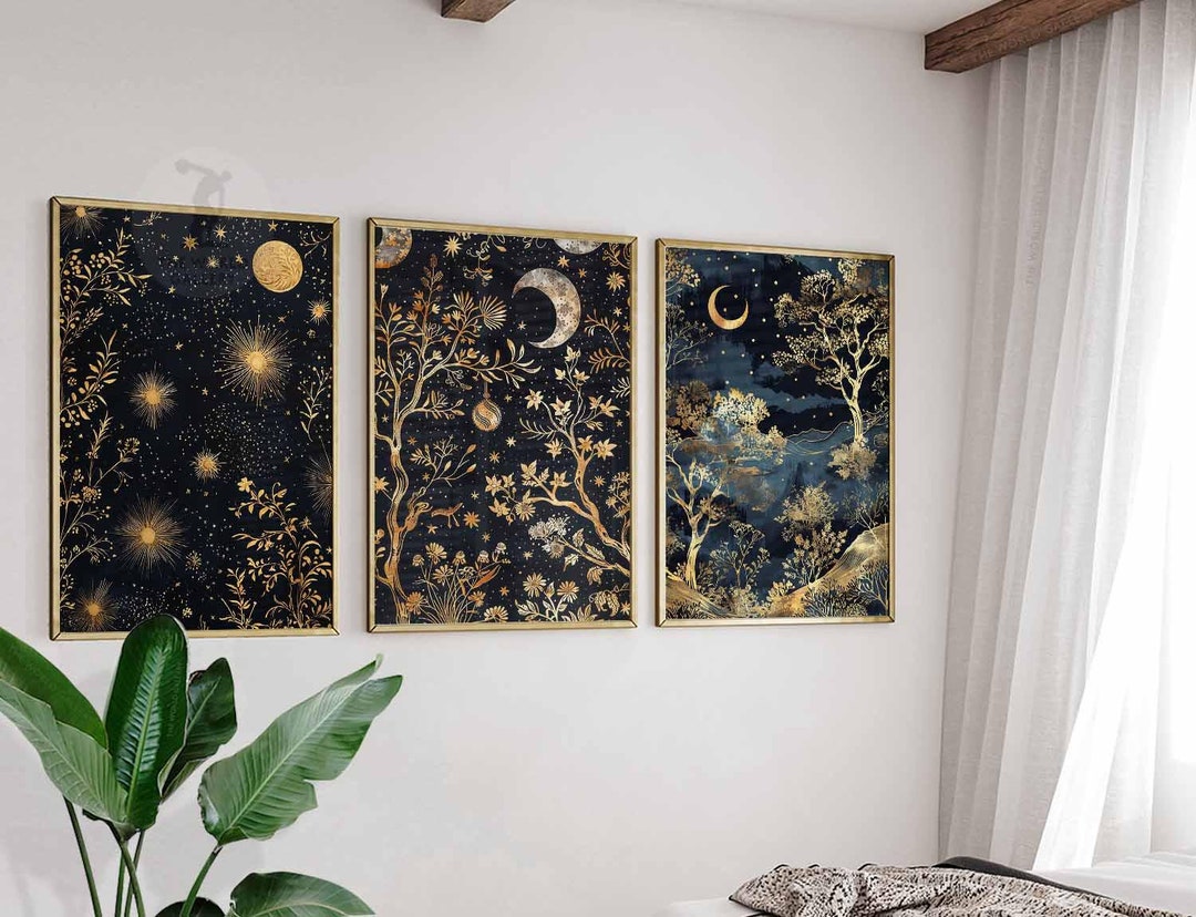 William Morris Print Set, Gold Moon Night Sky, Botanical Art - Etsy