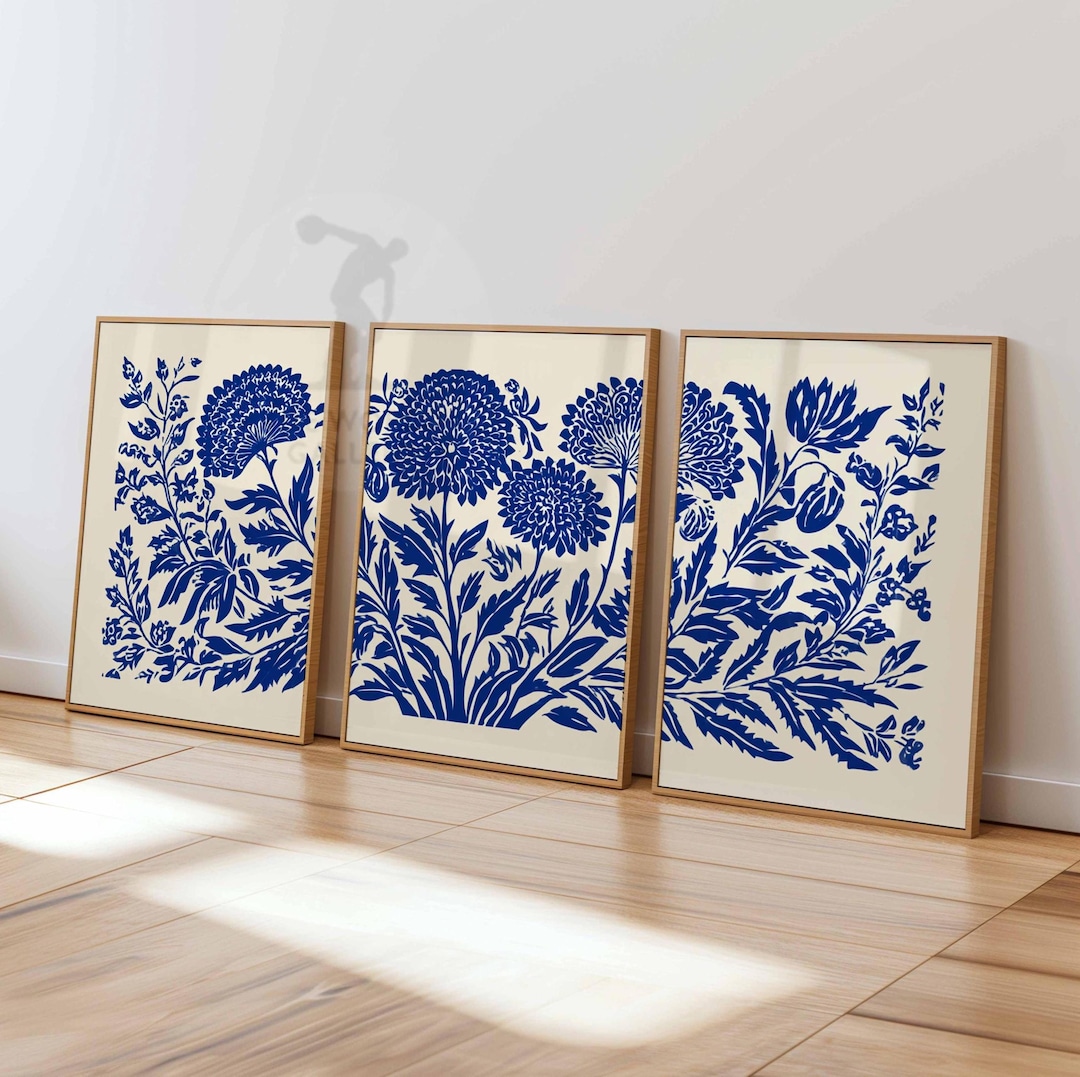 Blue Floral Wall Art Set, Botanical Print Set of 3, Modern Minimalist ...