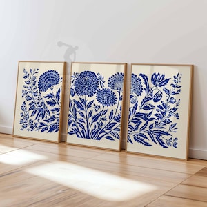 Blue Floral Wall Art Set, Botanical Print Set of 3, Modern Minimalist Flower Poster, Navy Blue Botanical Decor, Scandinavian Wall Art