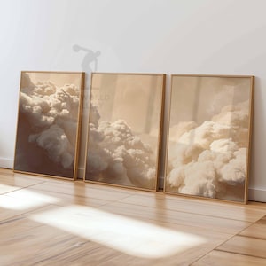 Beige Clouds Bedroom Wall Art Set of 3 Prints, White Clouds Beige Sky Posters, Vintage Home Decor, Set of 3 Large Poster Art, Bedroom Decor