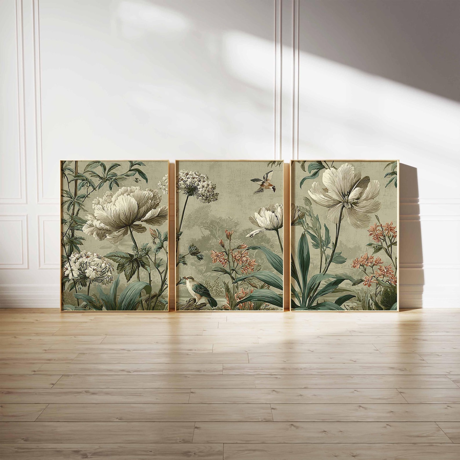 Vintage Botanical Wall Art Prints Set of 3, Green Floral Posters ...