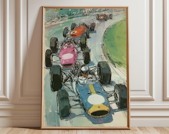 Vintage Formula One Watercolor Art Print, Retro Racing Car Poster