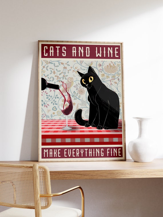 Cats and Wine Vintage Poster, Cat Lover Print - Etsy
