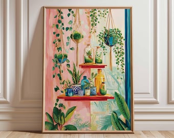 Colorful Plant Shelf Art Print, Botanical Wall Poster, Hanging Plant Illustration, Boho Greenery Home Decor, Indoor Garden Artwork