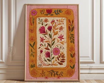 Rosa Folk Blumenplakat, Vintage botanische Wandkunst digitaler Download