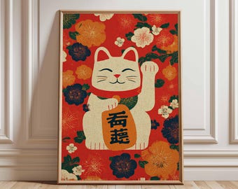 Japanese Maneki Neko Print, Lucky Cat Poster, Asian Home Decor