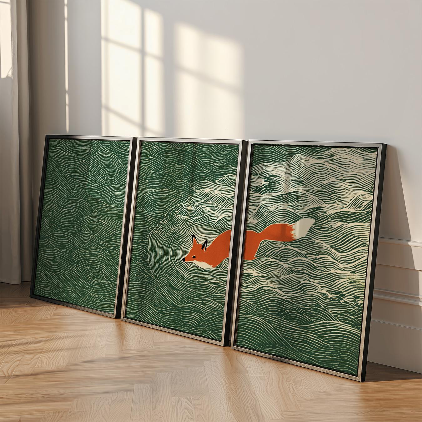 Japanese Fox Ocean Wall Art Set | Green Wave Triptych | 3 Posters