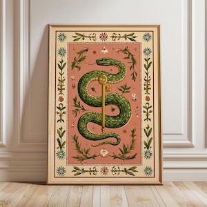 May include: Framed art print featuring a green snake coiled around a gold key on a pink background. The artwork is framed with a beige border adorned with floral and leaf motifs. The snake has a detailed scale pattern.