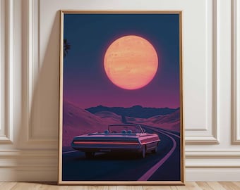 Stampa di paesaggio fantascientifico retrò, arte automobilistica cosmica anni '70