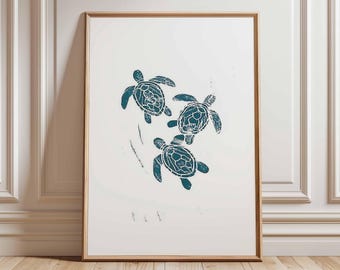 Blue Sea Turtle Print – Coastal Ocean Wall Art, Nautical Sea Life Poster for Beach House or Marine Inspired Decor