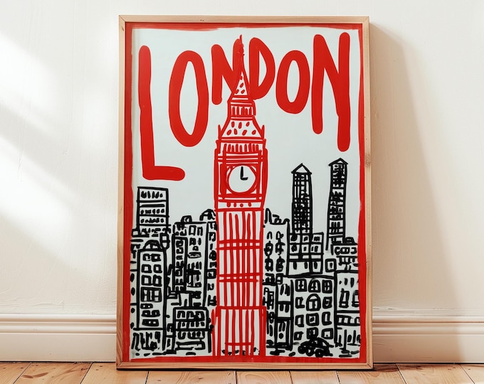 Big Ben London Print, Red Black Cityscape, Urban Sketch Art