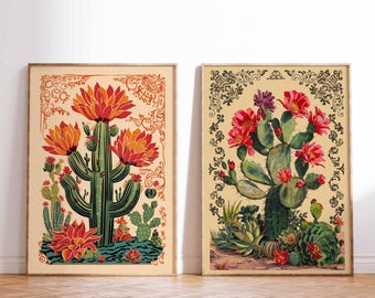 Set of 2 Mexican Posters, Mexican Cactus Wall Art,  Botanical Prints, Cactus Art, Floral Wall Art, Traditional Mexican Art, Mexican Gift