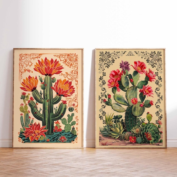 Set of 2 Mexican Posters, Mexican Cactus Wall Art,  Botanical Prints, Cactus Art, Floral Wall Art, Traditional Mexican Art, Mexican Gift