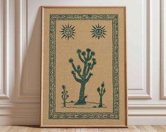 Estampado botánico vintage de cactus, decoración bohemia del suroeste para el hogar.